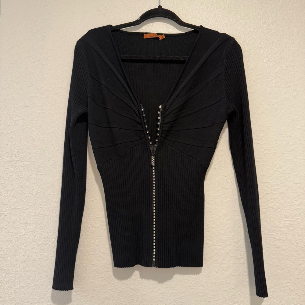 Vintage Belldini Black Rhinestone Zip Up Sweater
